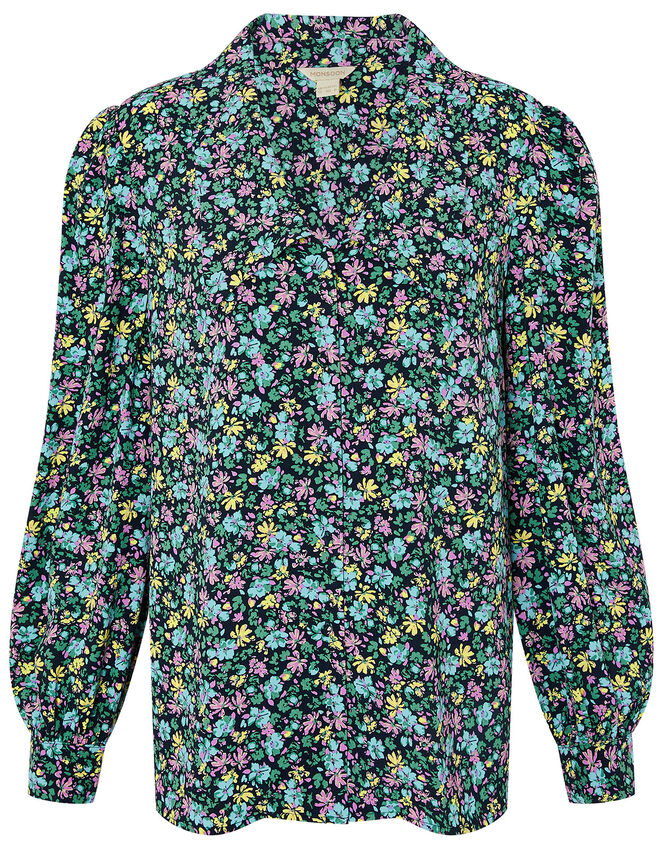 Ditsy Floral Print Collar Top, Blue (NAVY), large