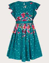 Placement Floral Waist Short Sleeve Dress, Teal (TEAL), large