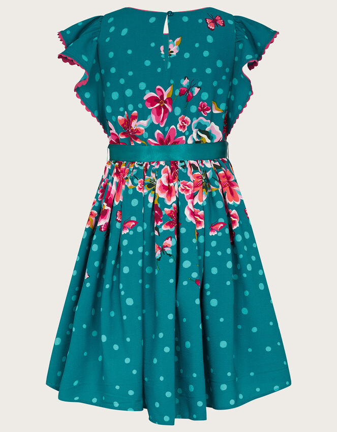 Placement Floral Waist Short Sleeve Dress, Teal (TEAL), large