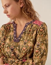 East Ikat Print Midi Dress, Green (GREEN), large