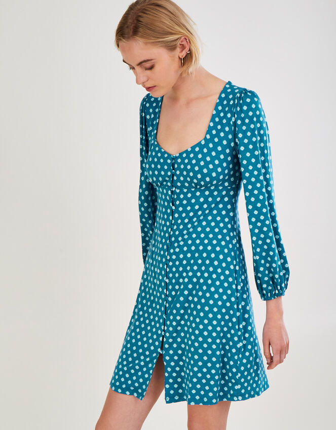 Geometric Print Babydoll Short Jersey Dress, Blue (TURQUOISE), large