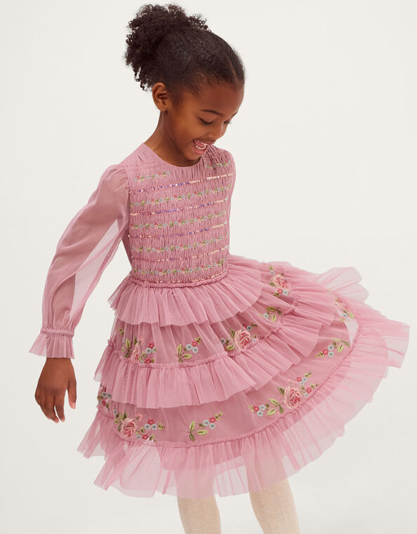 Sequin Embroidered Ruffle Mesh Dress, Pink (PINK), large