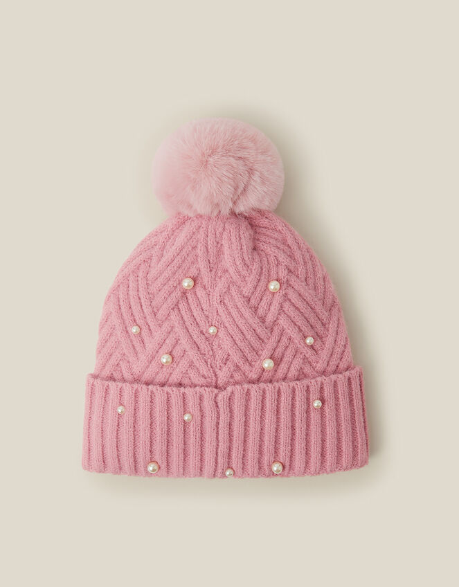 Pearl Cable Knit Bobble Hat, Pink (PINK), large
