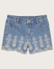Broderie Schiffli Denim Shorts, Blue (BLUE), large