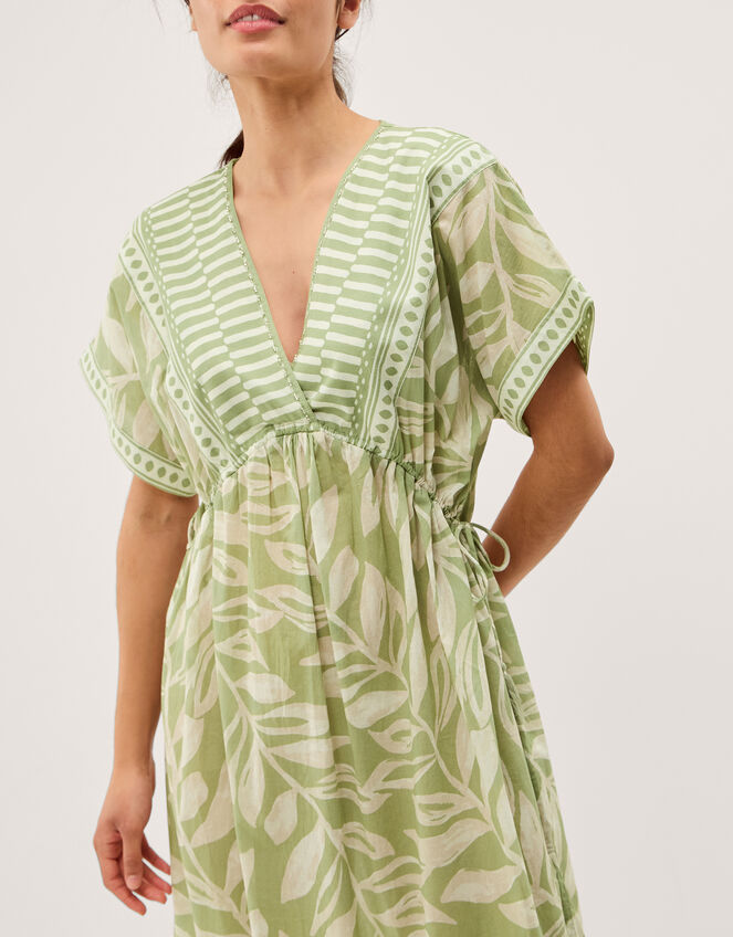 Lillie V-Neck Leaf Print Midi Dress, Green (GREEN), large