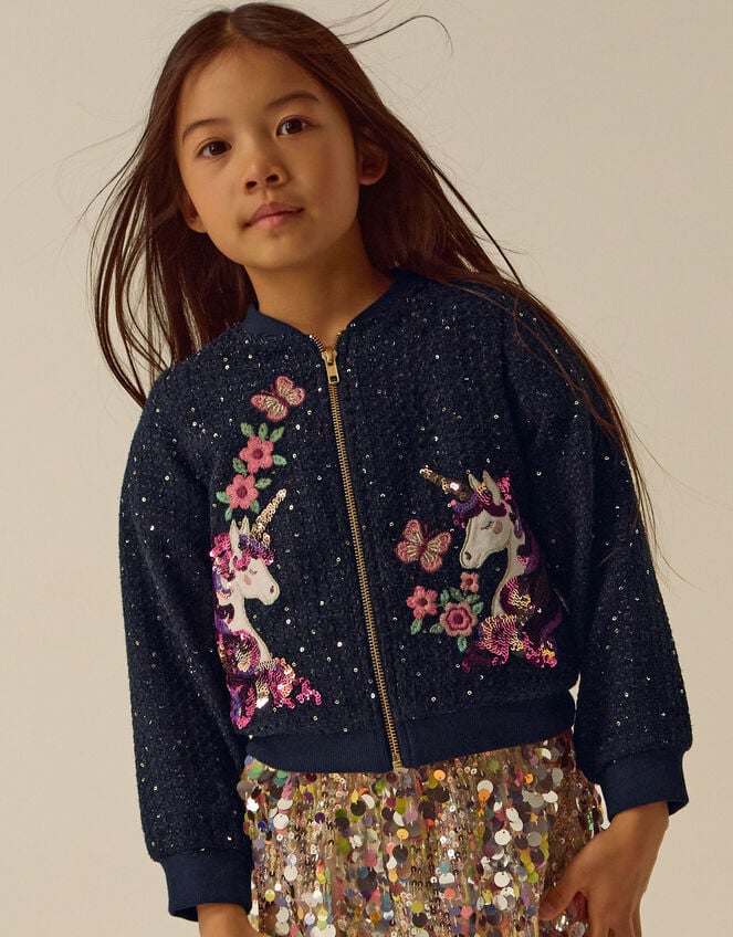 Sequin Unicorn Woven Bomber Jacket, Blue (NAVY), large