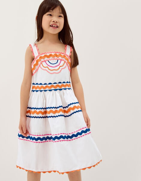 Ric Rac Embroidered Cotton Dress, White (WHITE), large