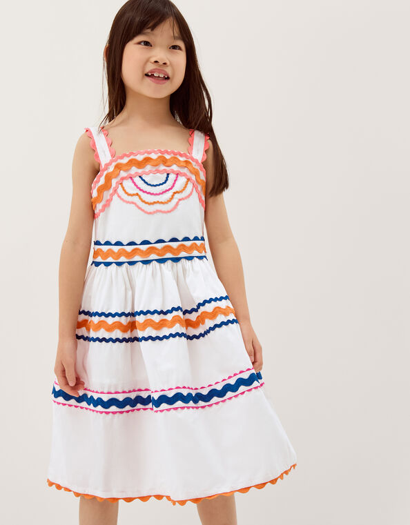 Ric Rac Embroidered Cotton Dress, White (WHITE), large