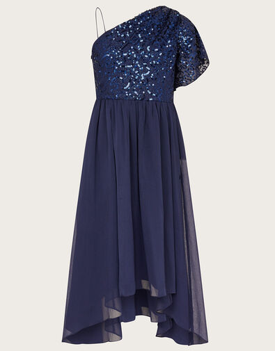 Mara One-Shoulder Flutter Sleeve Prom Dress Blue, Blue (NAVY), large