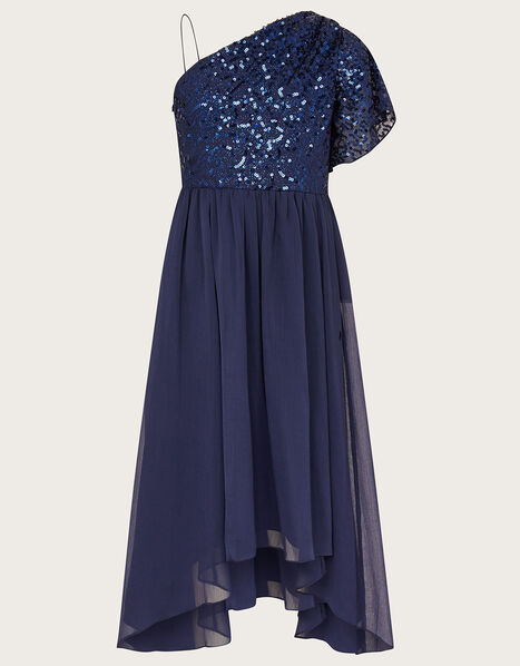 Mara One-Shoulder Flutter Sleeve Prom Dress Blue, Blue (NAVY), large