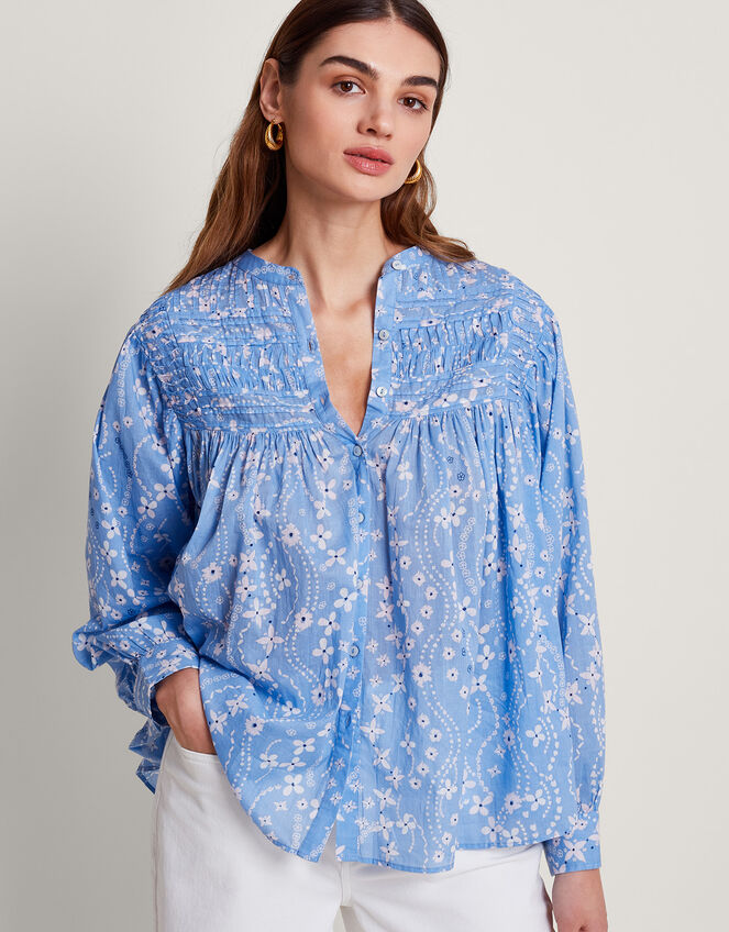 Dahlia Print Shirt, Blue (BLUE), large