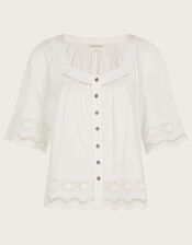 Broderie Trim Button-Through Top, Ivory (IVORY), large
