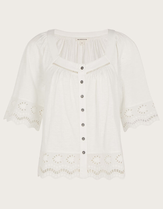 Broderie Trim Button-Through Top, Ivory (IVORY), large