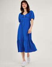 Puff Sleeve O-Ring Detail Midi Dress, Blue (COBALT), large