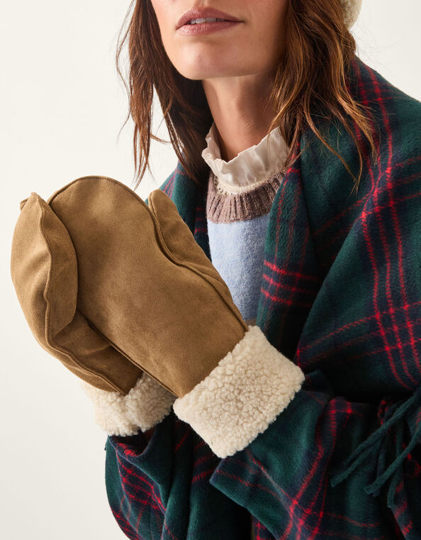 Monsoon x Sarah Corbett-Winder Suedette Mittens, Natural (NEUTRAL), large