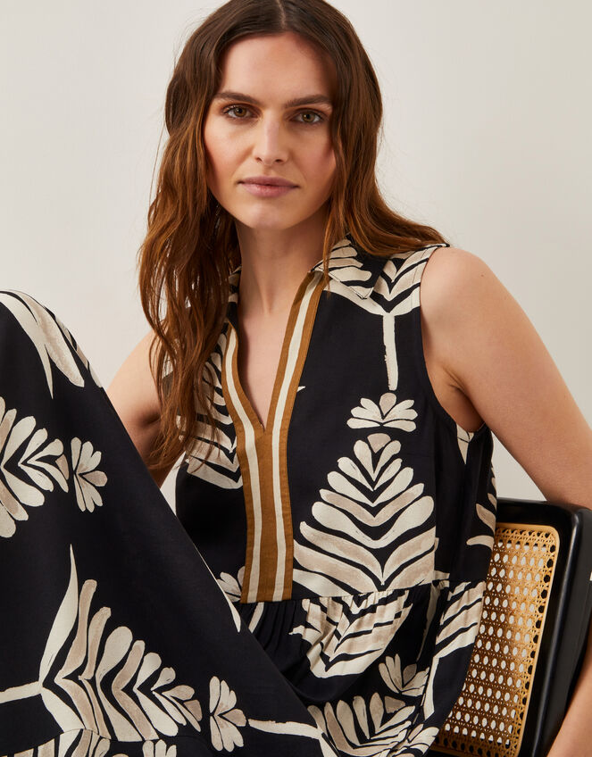 Pamela Linen Blend Leaf Print Midi Dress, Black (BLACK), large