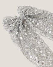 Long Sequin Bow Hair Clip, Silver (SILVER), large