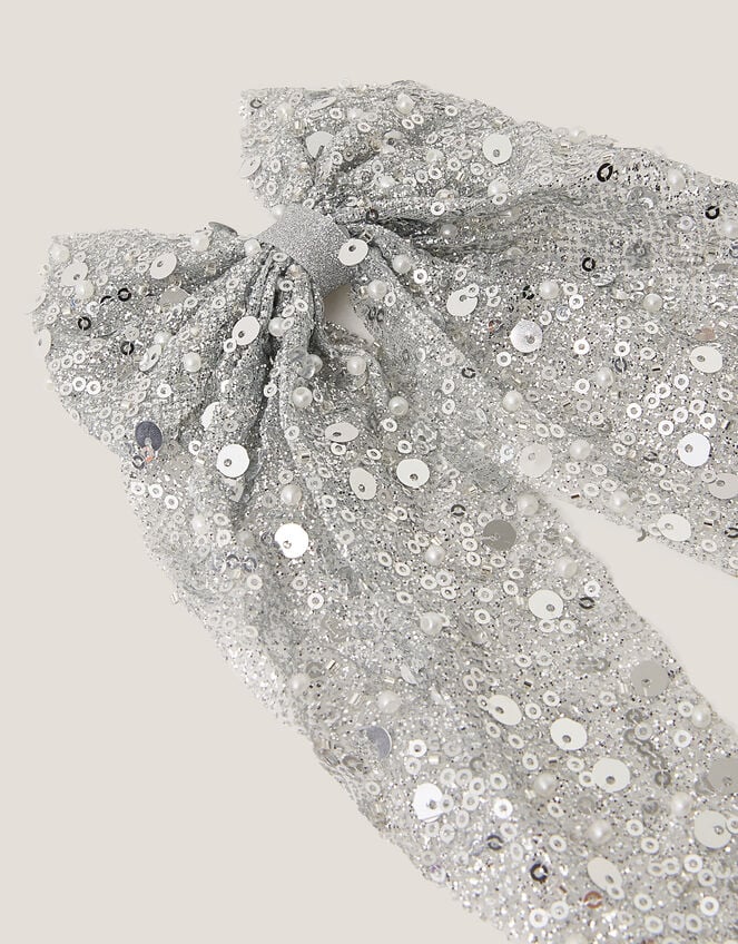 Long Sequin Bow Hair Clip, Silver (SILVER), large