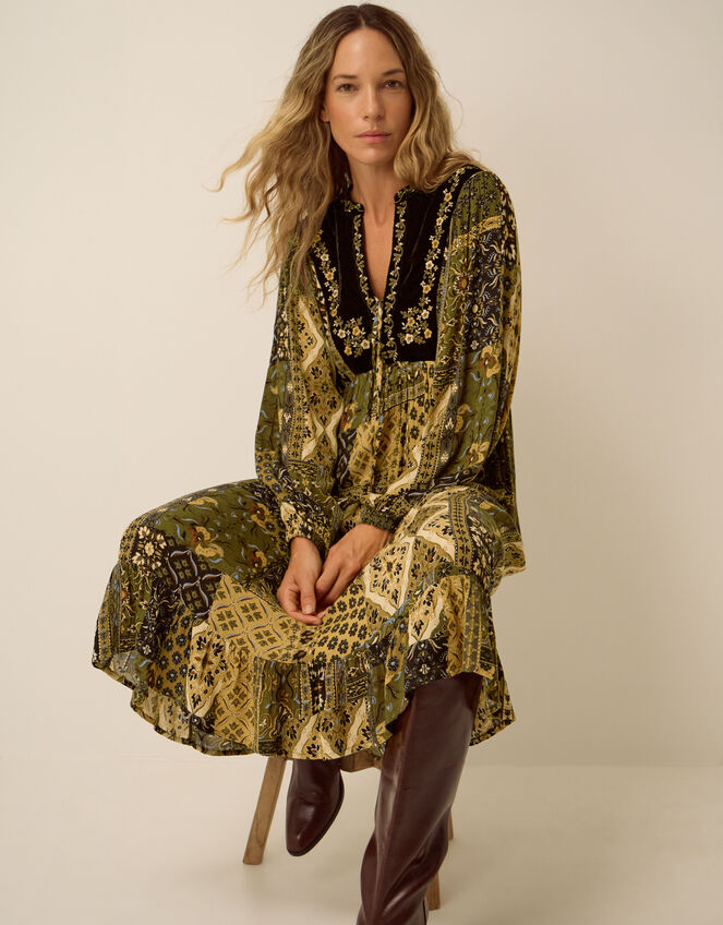 Laoise Floral Patchwork Midi Dress, Green (KHAKI), large