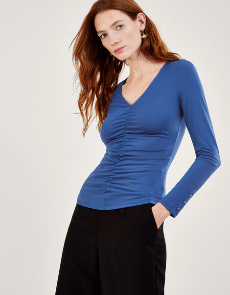 Ruched Front Jersey Top with Recycled Polyester Blue, Blue (BLUE), large