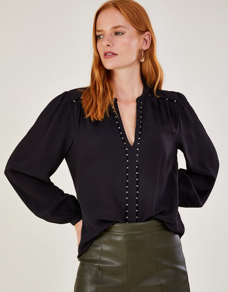 Alex V-Neck Blouse in Sustainable Viscose Black, Black (BLACK), large
