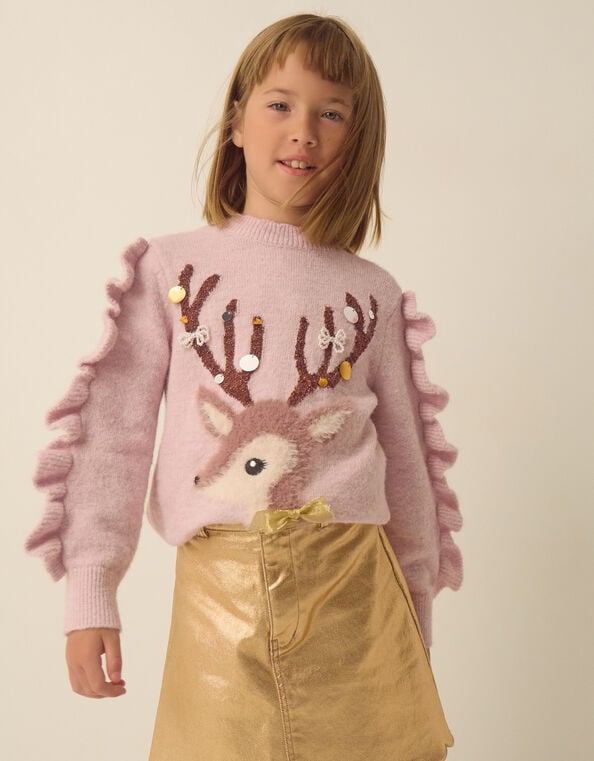 Dahlia Christmas Reindeer Knit Jumper, Pink (PINK), large