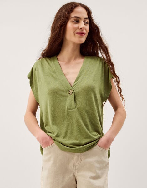 Lucy Linen Blend T-Shirt, Green (KHAKI), large
