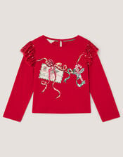 Sequin Christmas Long Sleeve Top, Red (RED), large