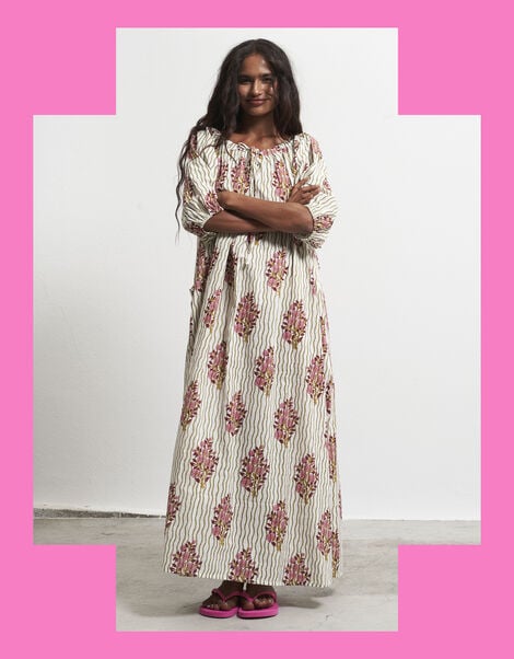 Par & Escala Justina Floral Stripe Maxi Dress, White (WHITE), large
