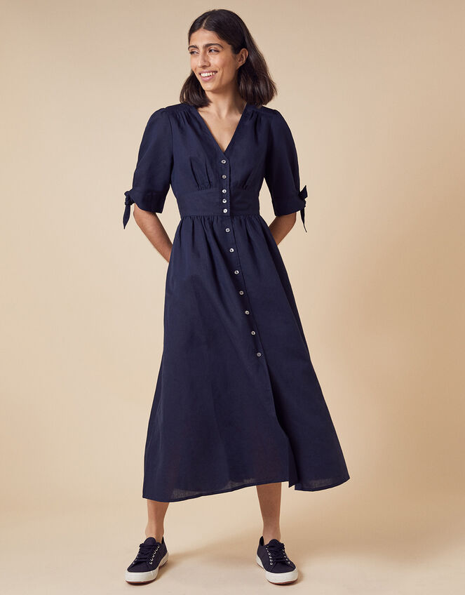 Puff Sleeve Midi Dress in Linen Blend, Blue (NAVY), large