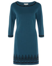 Cornelli Trim Knit Dress, Teal (TEAL), large