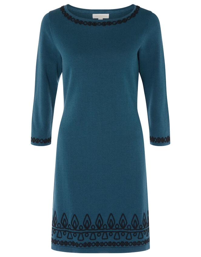 Cornelli Trim Knit Dress, Teal (TEAL), large