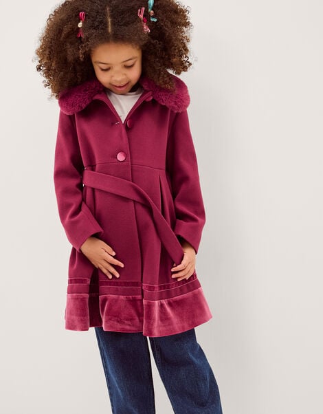 Velvet Trim Faux Fur Dress Coat, Red (BURGUNDY), large