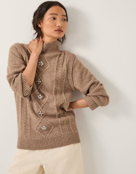 Candice Embellished Cable Knit Jumper, Mink (MINK), large