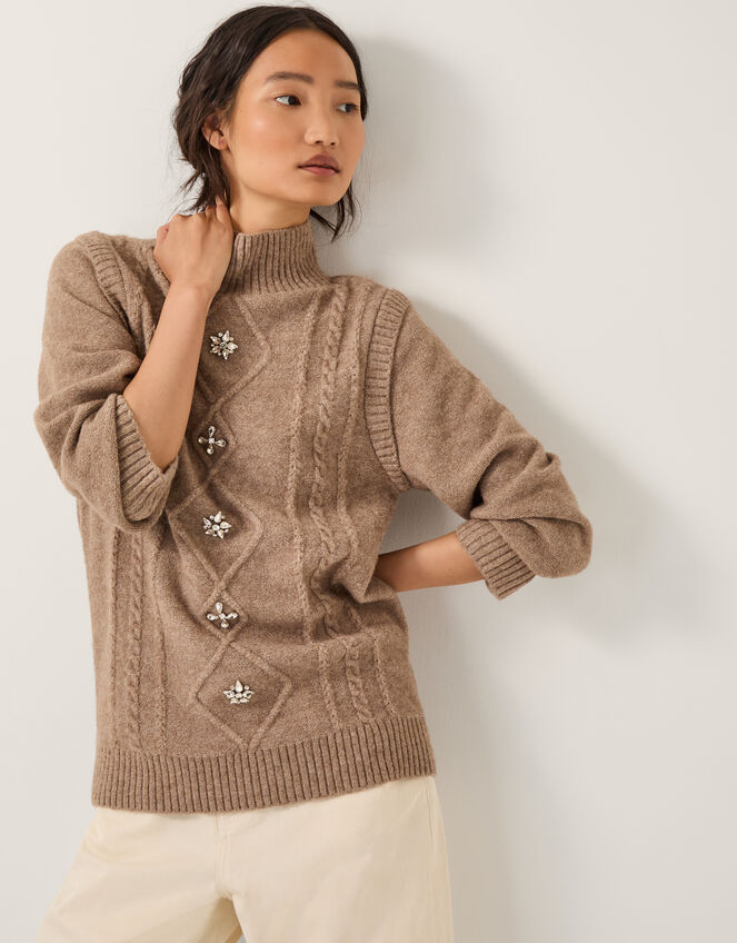 Candice Embellished Cable Knit Jumper, Mink (MINK), large