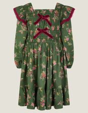 Butterfly Floral Bow Shirred Dress, Green (GREEN), large