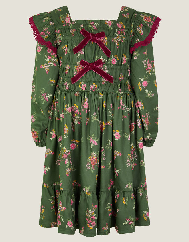 Butterfly Floral Bow Shirred Dress, Green (GREEN), large
