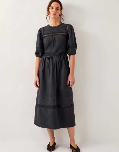 Odilia Broderie Puff-Sleeve Midi Dress, Black (BLACK), large
