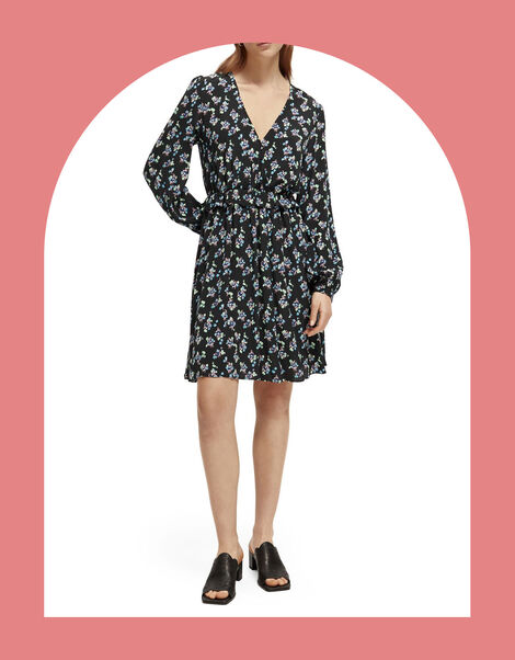 Scotch and Soda Elasticated Waist Floral Mini Dress, Black (BLACK), large
