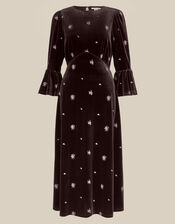 Emilee Floral Embroidered Velvet Midi Dress, Brown (CHOCOLATE), large