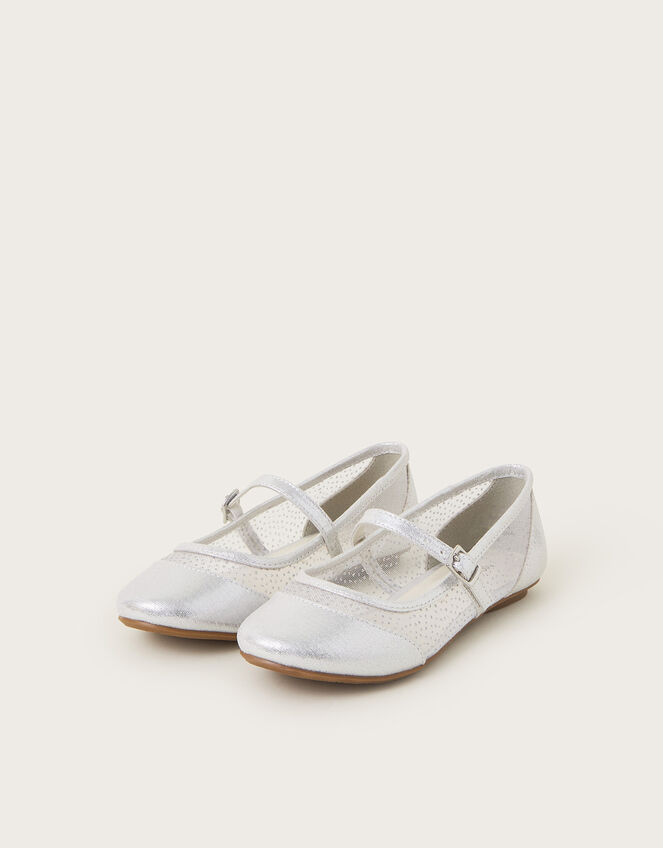 Metallic Mesh Strap Ballet Flats, Silver (SILVER), large