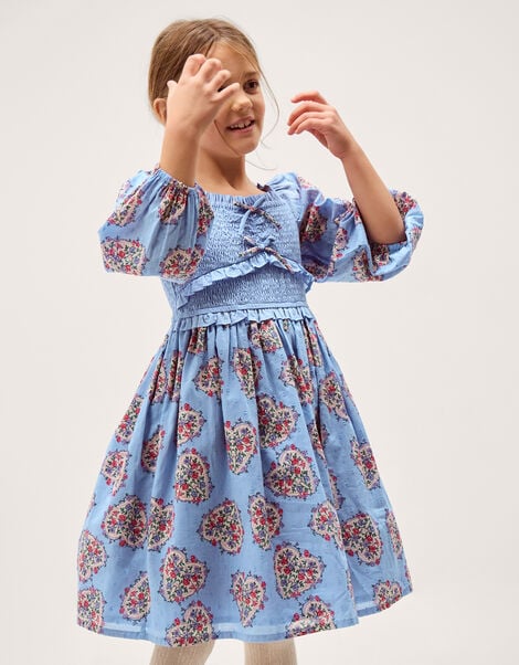 Floral Heart Long Sleeve Smocked Dress, Blue (BLUE), large