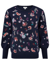 Paisley Embroidered Jumper with Sustainable Viscose, Blue (NAVY), large