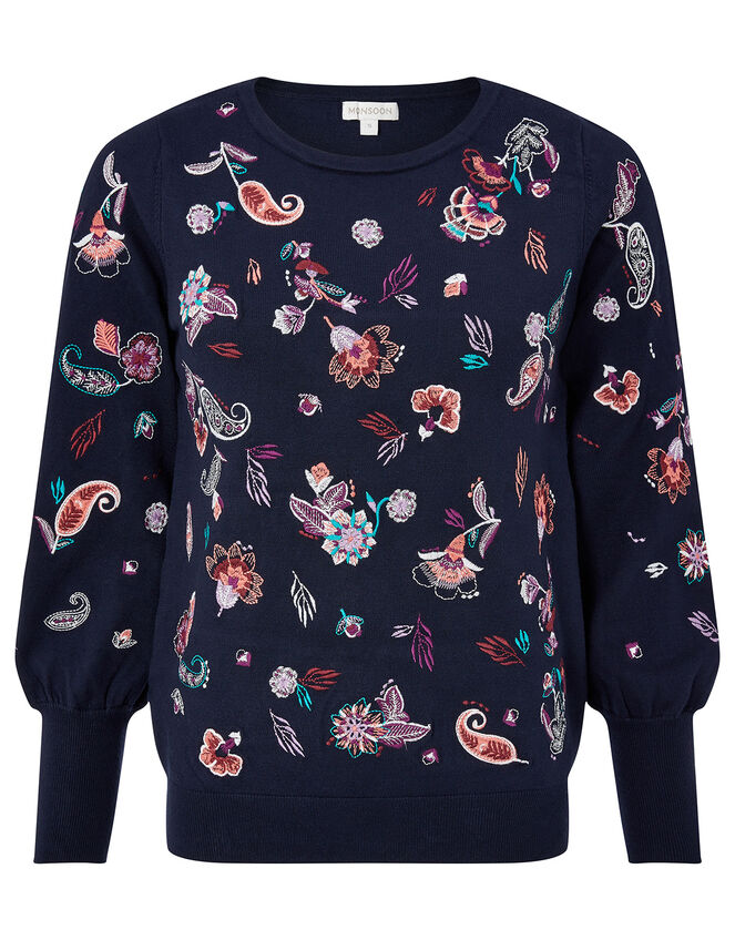 Paisley Embroidered Jumper with Sustainable Viscose, Blue (NAVY), large