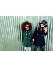 Navy Pleated Coat with Diamante Bow, Blue (NAVY), large
