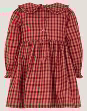 Baby Check Long Sleeve Shirred Dress, Brown (BROWN), large