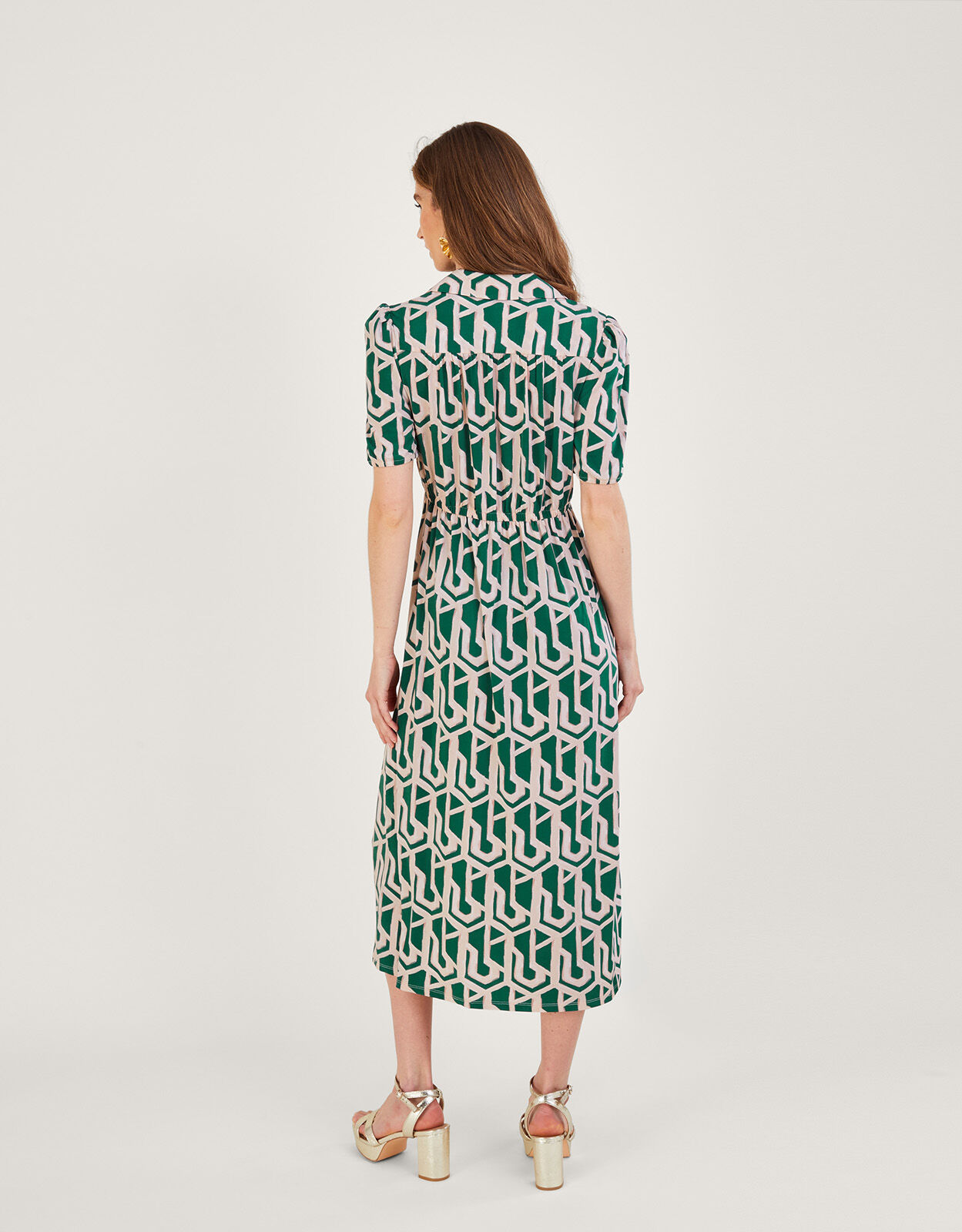 Geometric Print Midi Jersey Shirt Dress Green