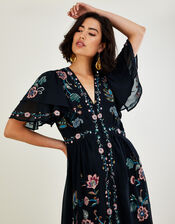 Triss Embroidered Peacock Dress in Recycled Polyester, Black (BLACK), large
