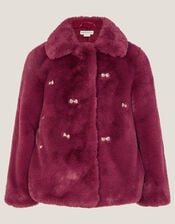 Bow Embellished Faux Fur Coat, Red (BURGUNDY), large