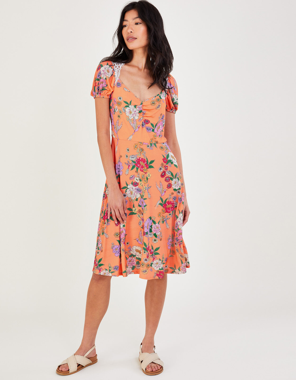 Lace Insert Floral Jersey Dress Orange